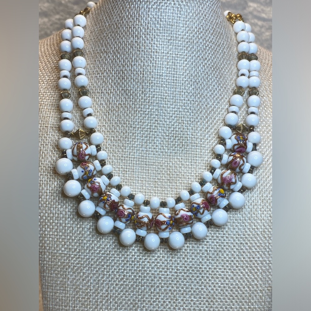 Vintage Rare Antique Venetian Wedding Cake & Milk Glass Beaded Bib Necklace 16”